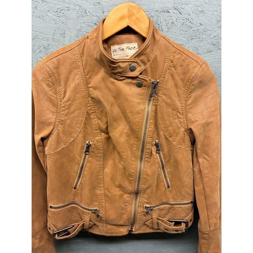 Free People Moto Jacket Faux Leather Women's Size XS‎ Brown Camel NWT - Picture 2 of 10